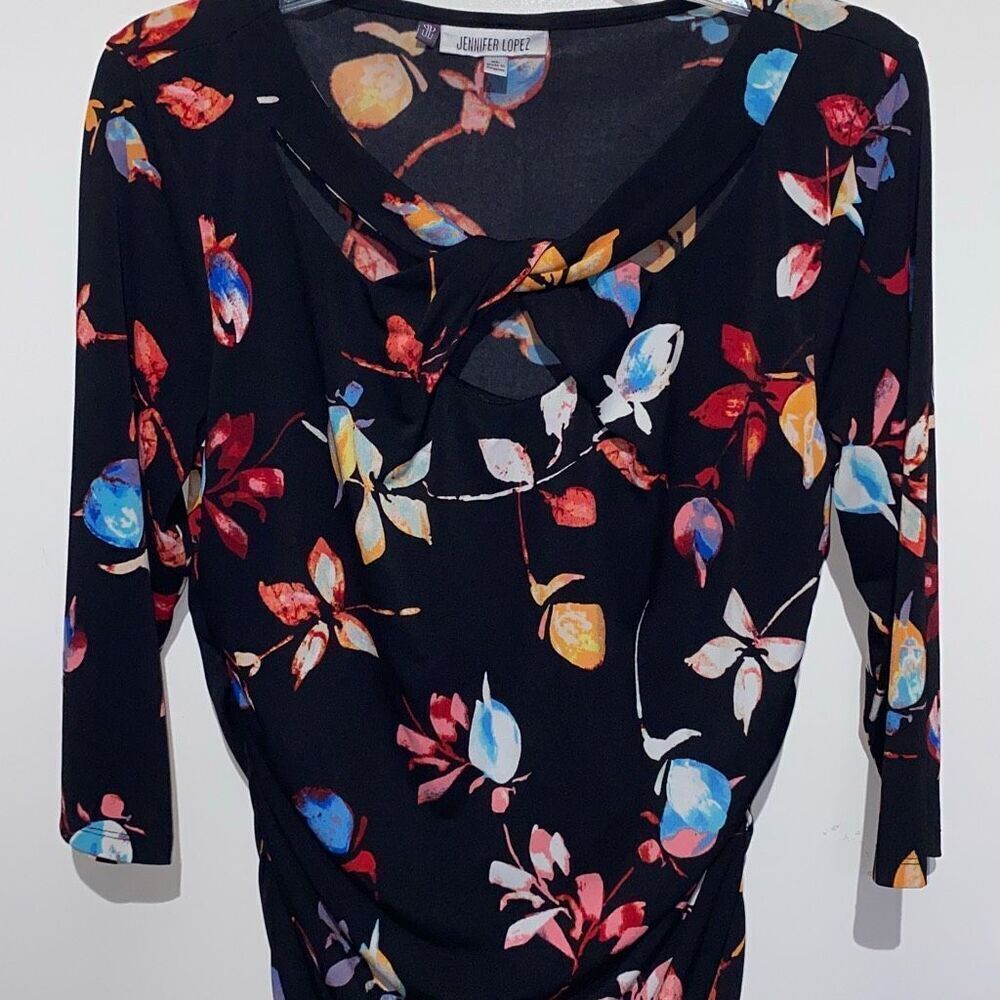 Jennifer Lopez Women's Black Multi Floral 3/4 Sleeve Keyhole Ruched Top Size XL